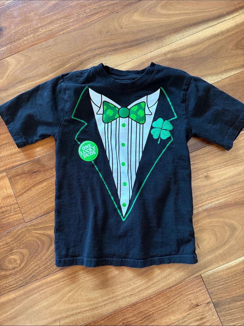 Black Kids' Tuxedo Graphic Tee with Green Shamrock